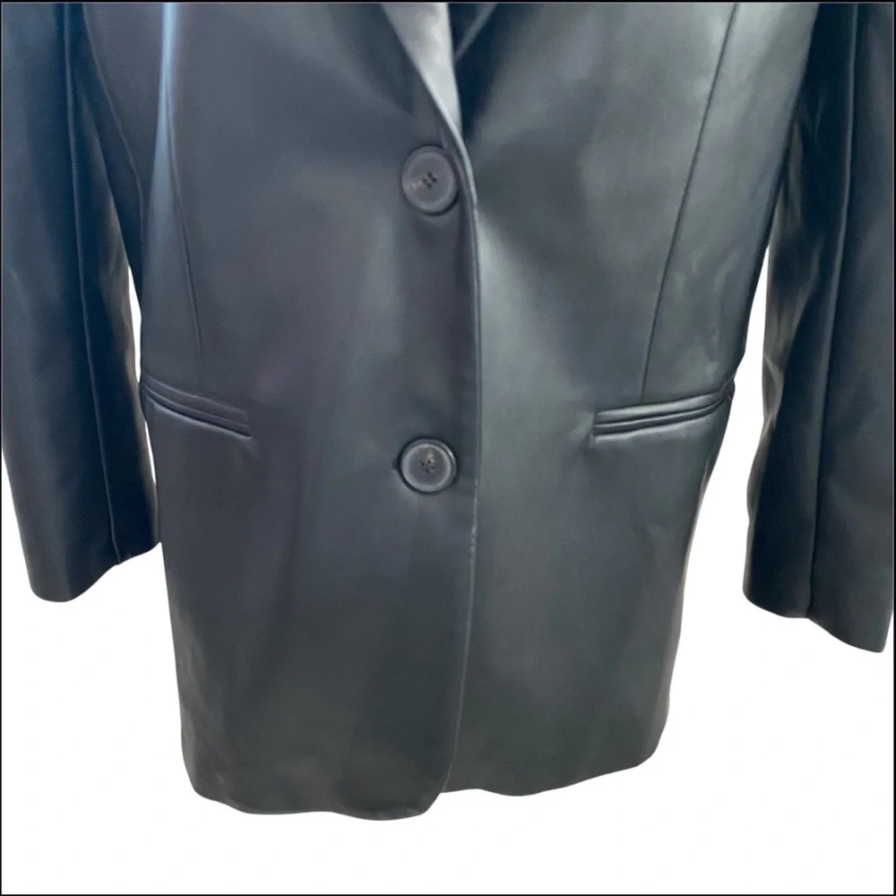 Zara Blogger Favorite Black Faux Leather Blazer Button Front Jacket Size XL NWT - Picture 10 of 16
